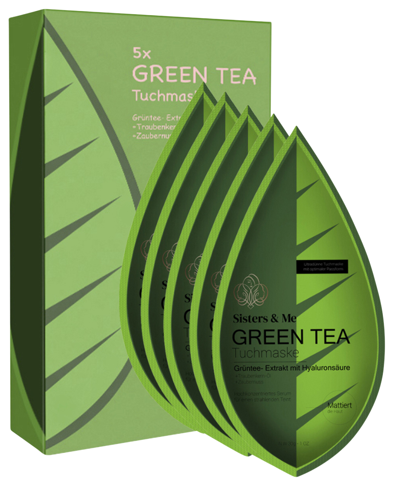 Bild: Sisters &amp; Me 5X GRÜNTEE TUCHMASKEN MIT TRAUBENKERNÖL UND ZAUBERNUSS