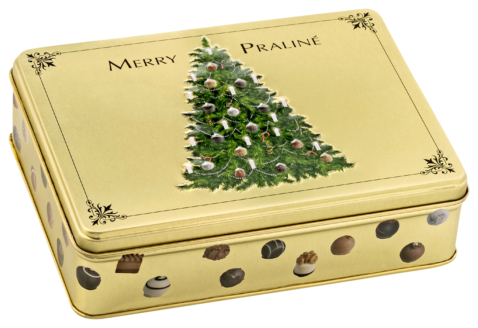 Bild: Geschenkdose "Merry Praliné" GOLD Pralinen und Trüffel 125 g