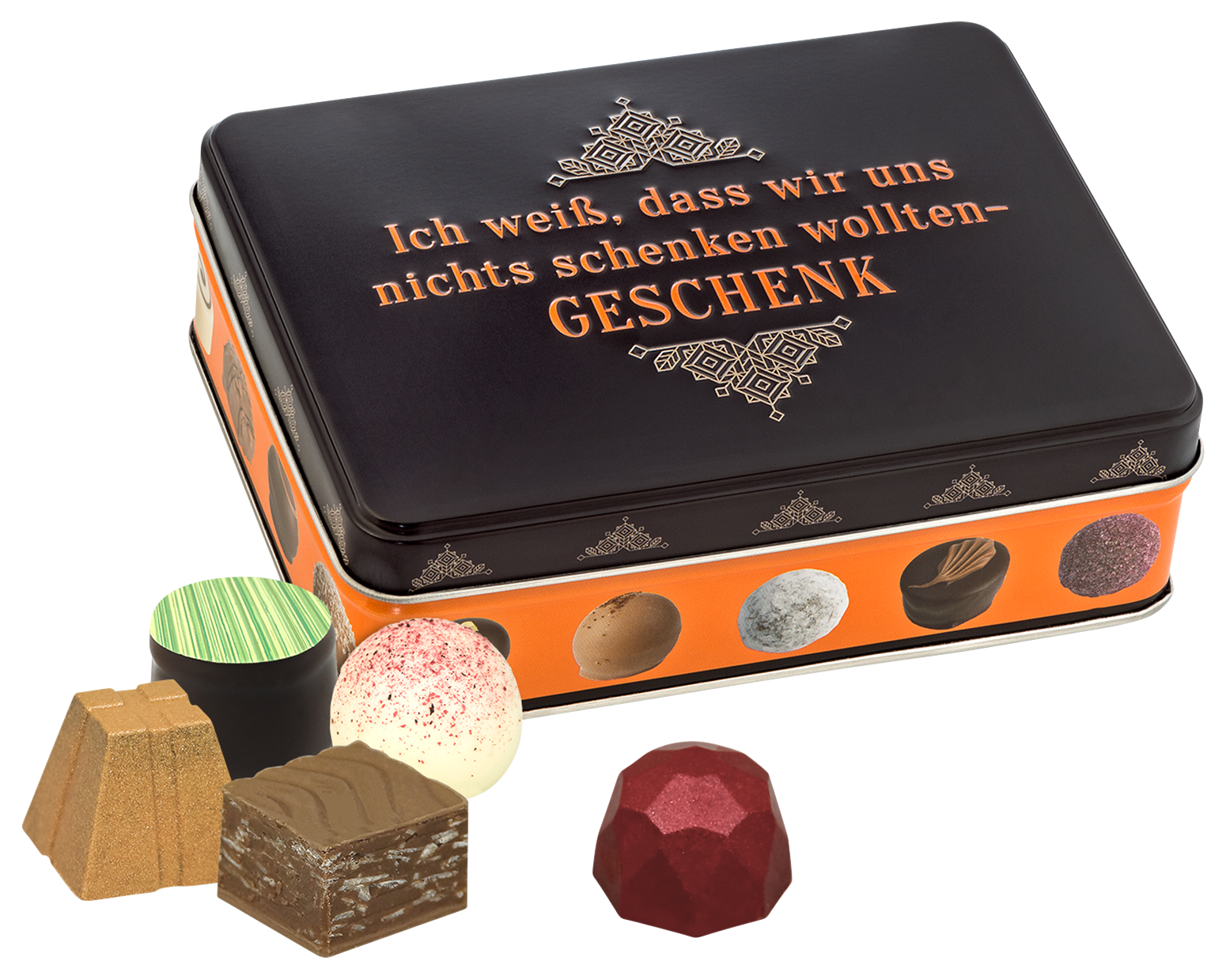 Bild: Geschenkdose "Ich weiß wir wollten uns nichts schenken" Pralinen und Trüffel 125 g 