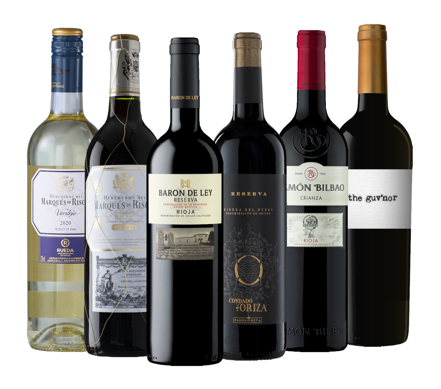 Präsentation von sechs Weinflaschen aus Spanien, ideal für Weinliebhaber und Genießer.