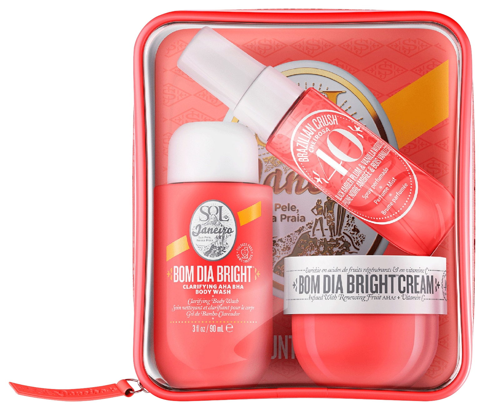 Drei Sol de Janeiro Produkte: Bom Dia Bright Cream in einem rosa Tiegel, Cheirosa '40 Bodyspray...