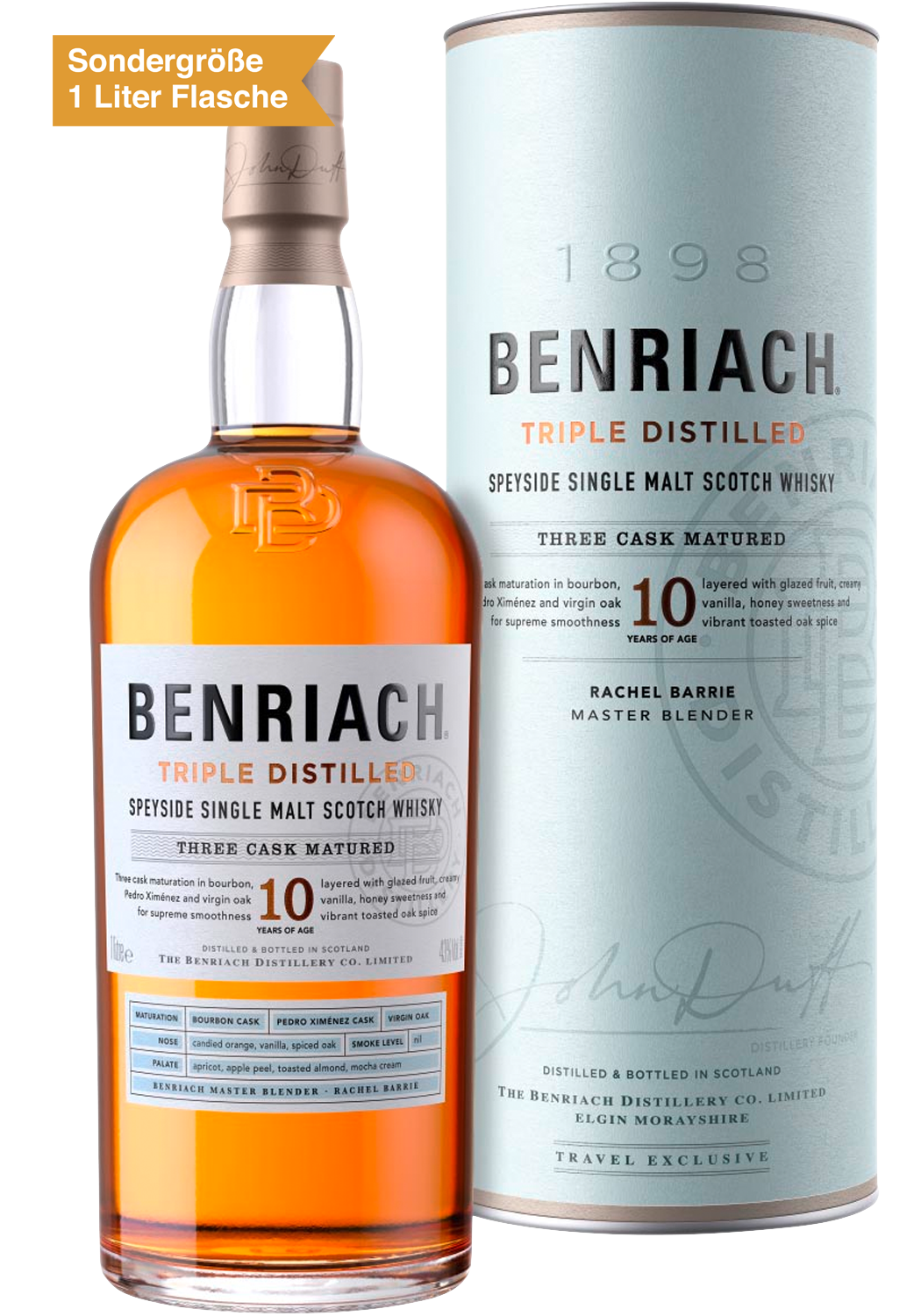 Bild: BenRiach 10y Triple Distilled Speyside Single Malt Scotch Whisky 1 Liter Flasche