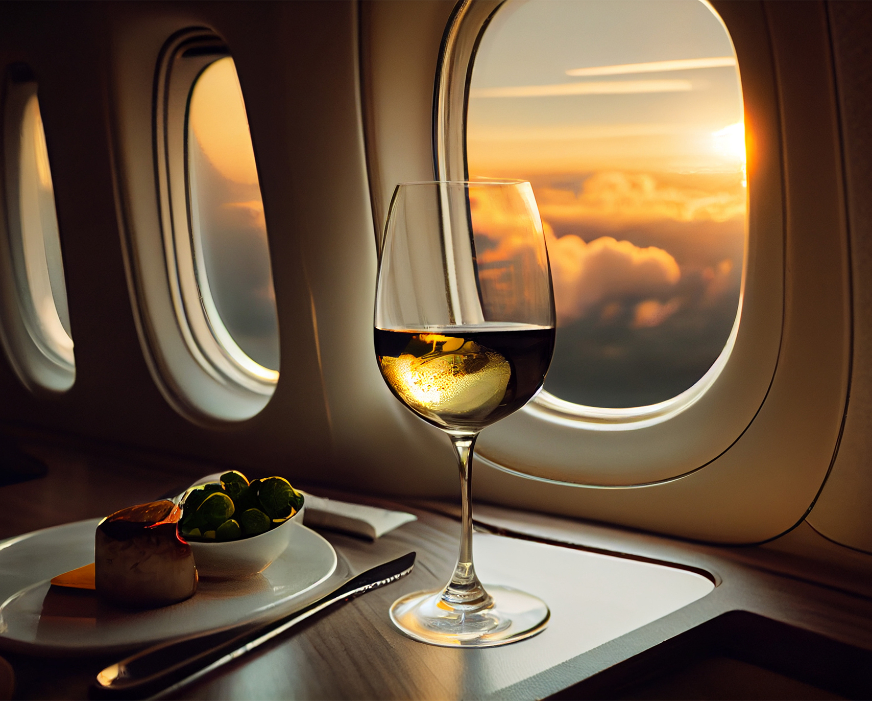 Ein Glas Weißwein und eine Vorspeise auf einem Tisch vor dem Bullauge in einem Flugzeug