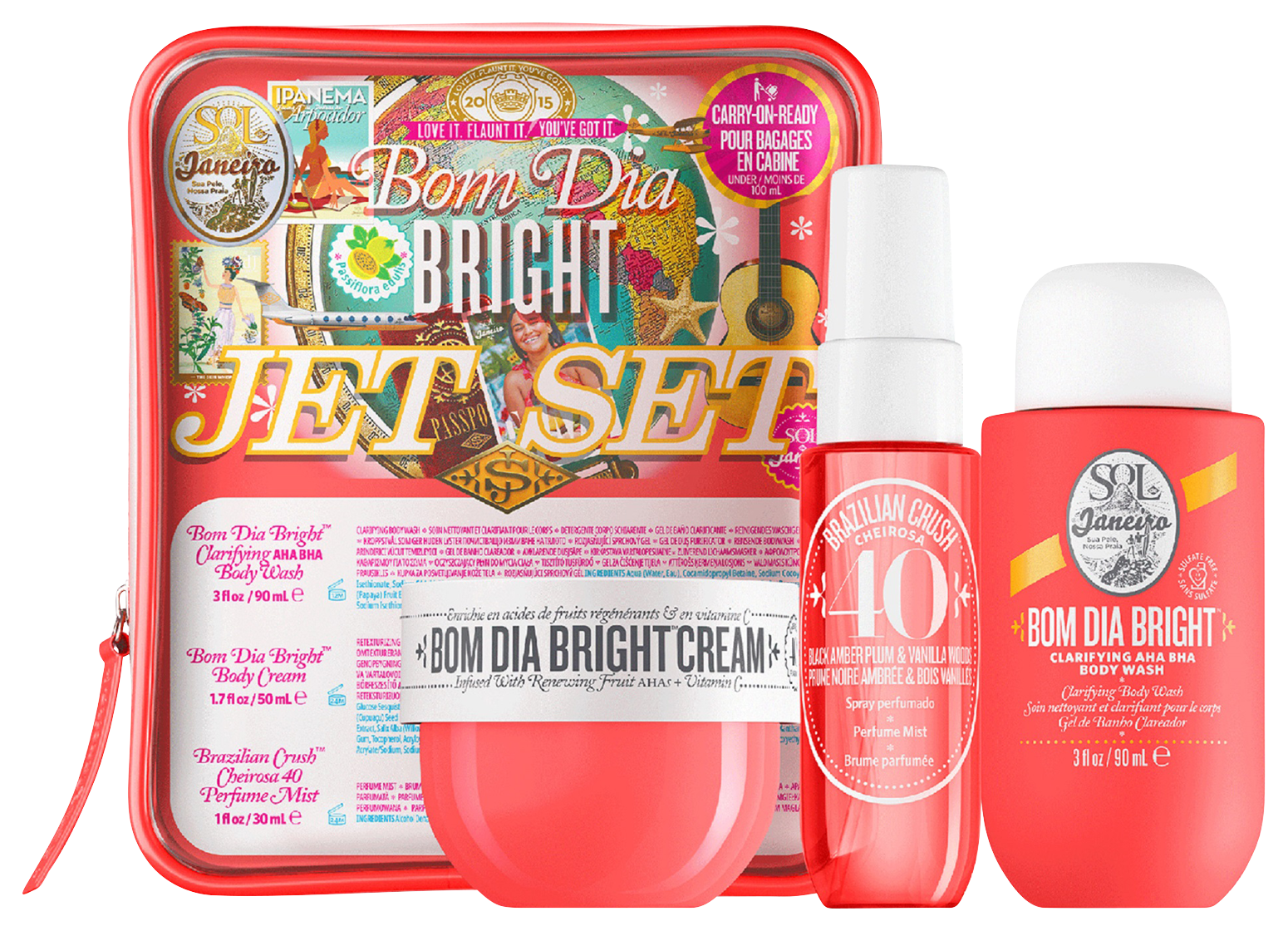 Drei Sol de Janeiro Produkte: Bom Dia Bright Cream in einem rosa Tiegel, Cheirosa '40 Bodyspray...