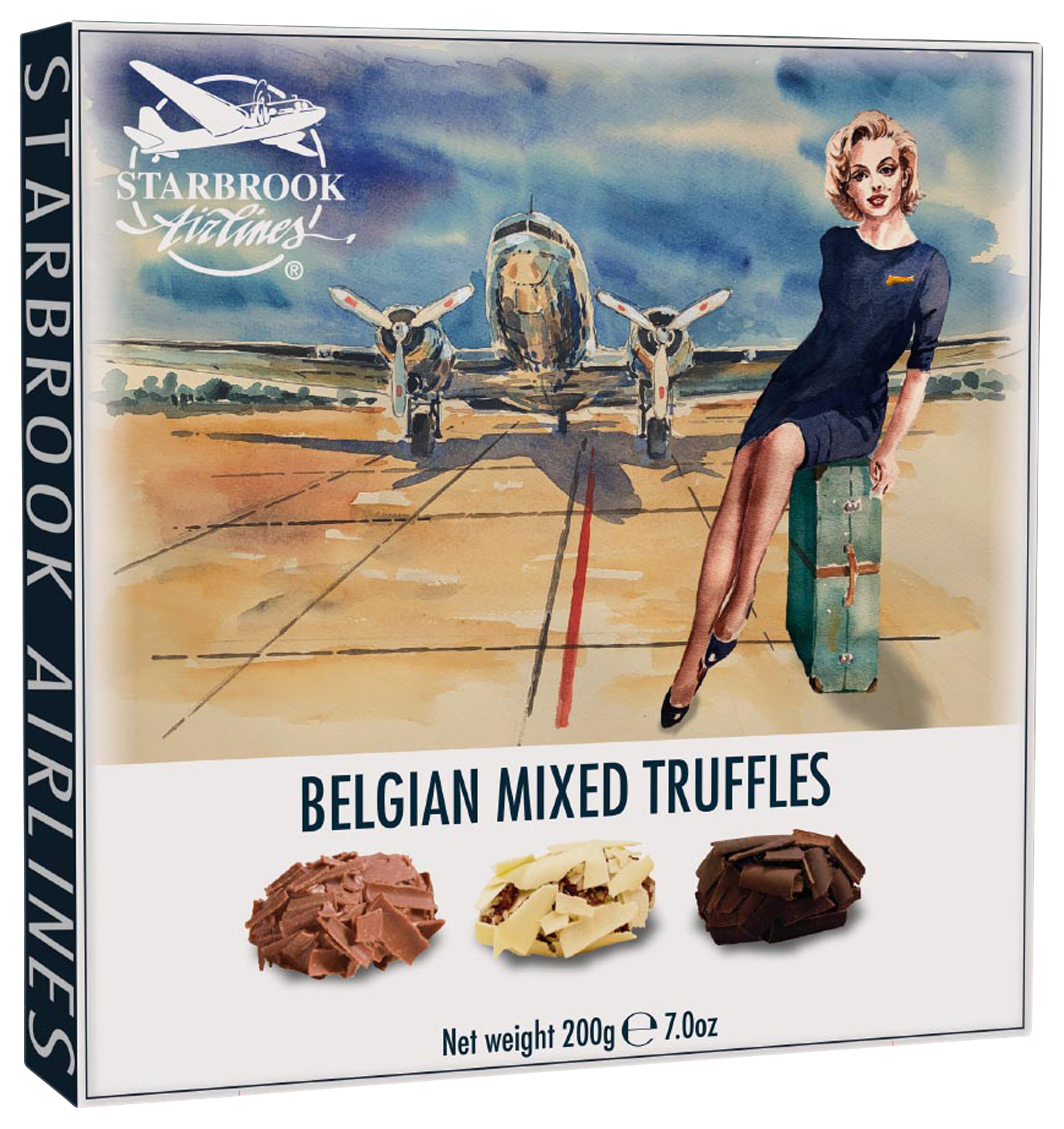 Starbrook Airlines Trüffelverpackung mit Retro-Flughafenillustration.