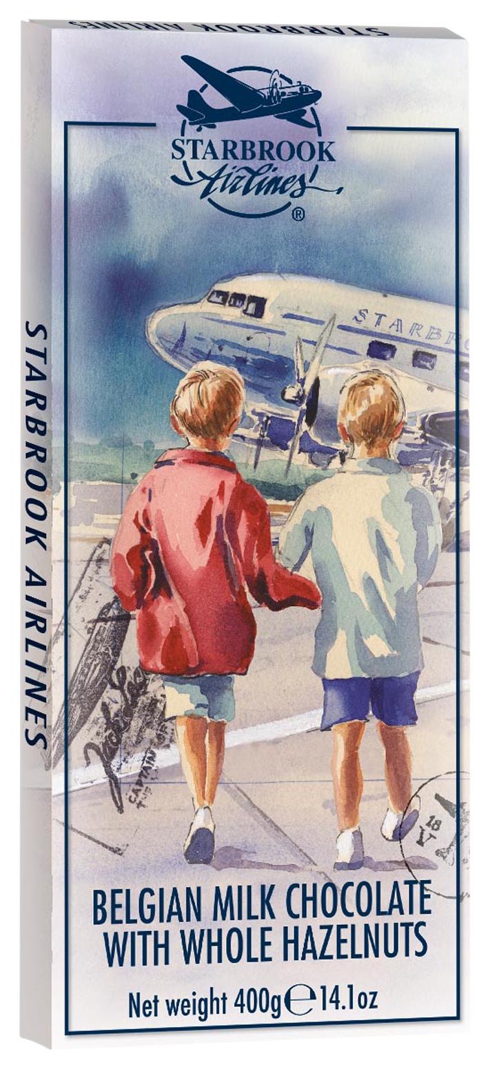 Belgische Schokolade mit Haselnüssen, präsentiert in einem kreativen Flugzeug-Design für Schokoladenfreunde.