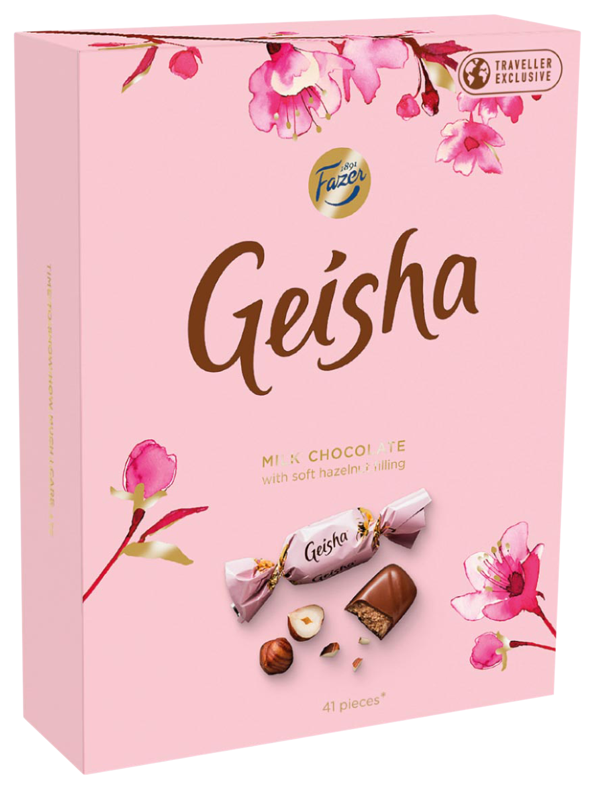 Rosa Verpackung der Geisha Milchschokolade von Fazer mit Haselnussfüllung und 41 Stück Schokolade,...