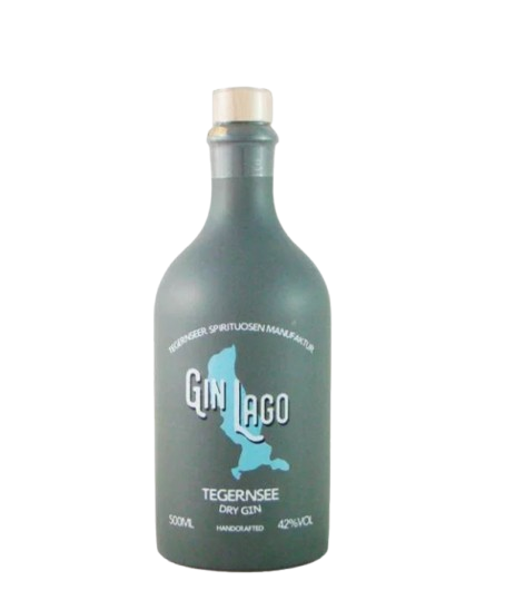 Flasche Gin Lago Tegernsee in stilvollem Design auf hellem Hintergrund – Premium-Gin aus der...